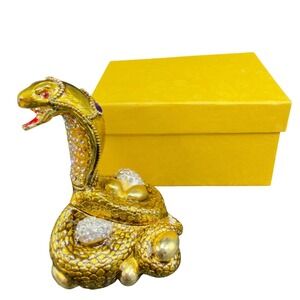 Gold Cobra Snake Trinket Box Hinged Rhinestone Enameled Jewelry Keepsake Box